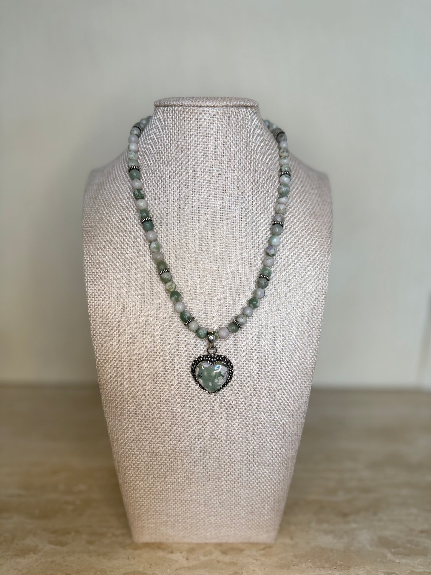 Peace Jade Necklace with Heart Pendant - Silver Plated