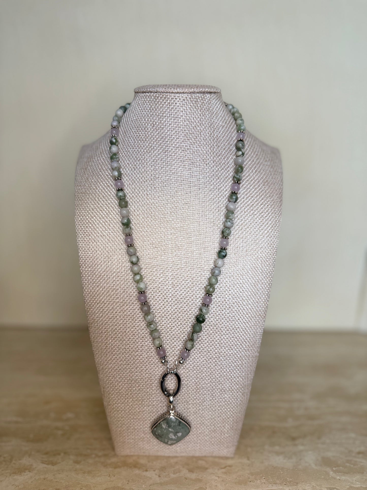 Peace Jade Necklace with Diamond Shaped Pendant - Silver Plated