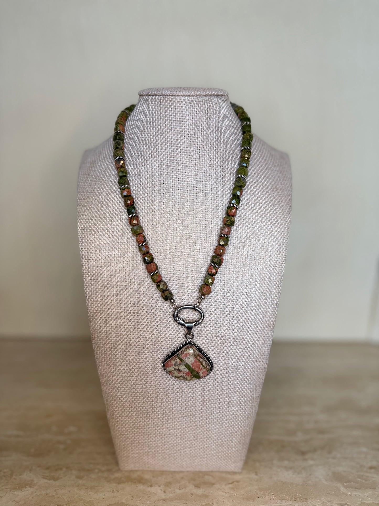 Unakite Necklace and Pendant - Silver Plated