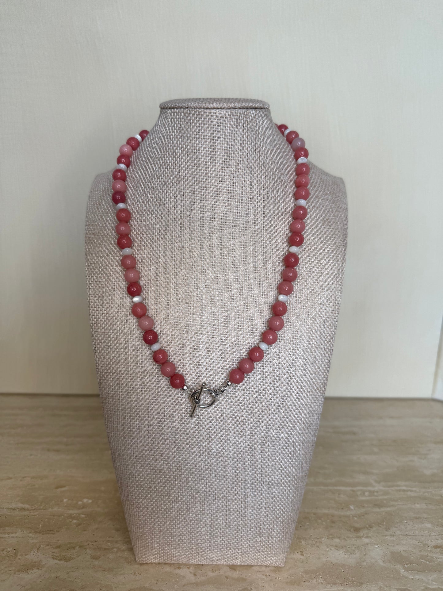 Pink Jade and Mother of Pearl Necklace - Silver Toned