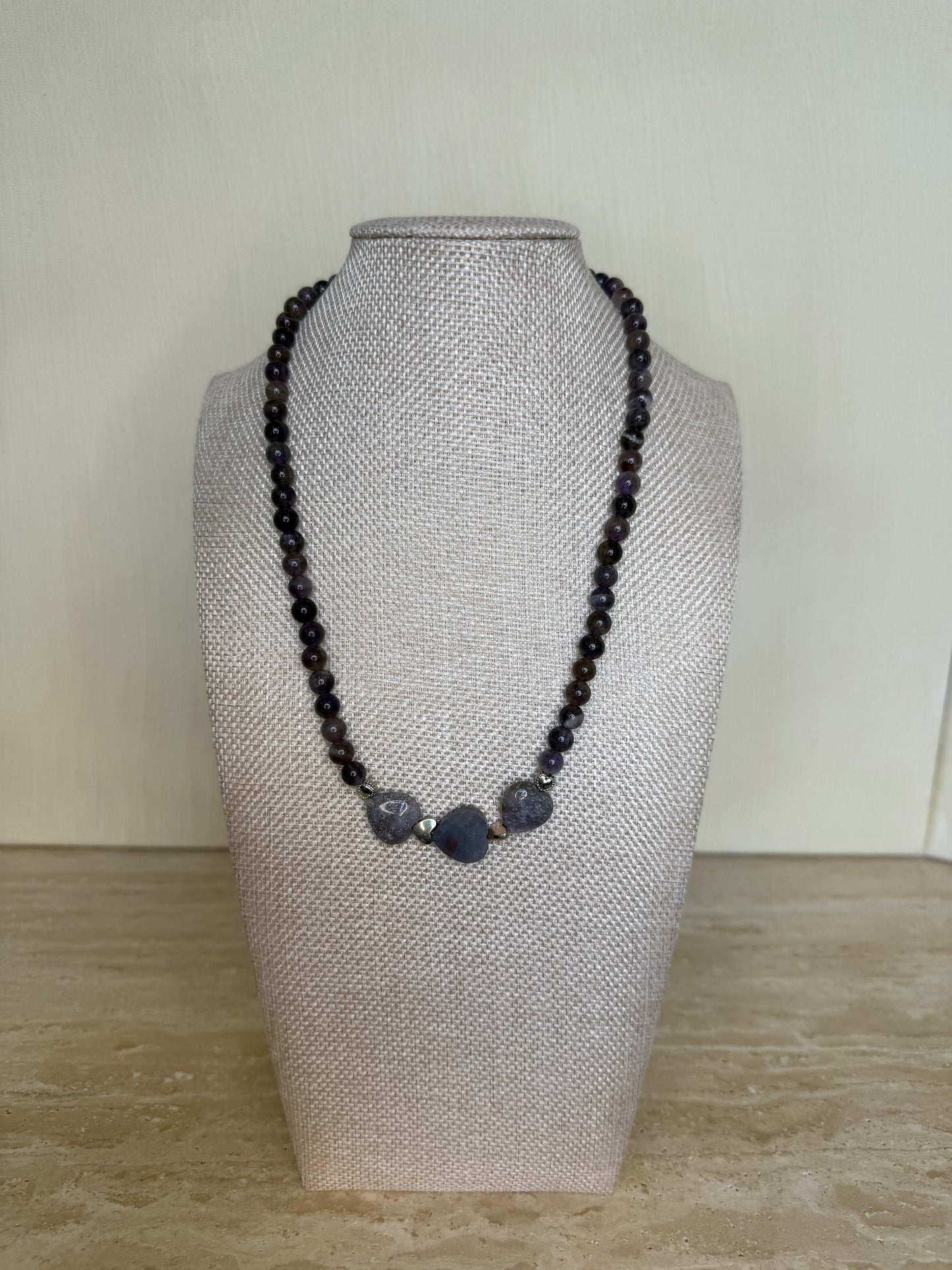 Amethyst Necklace with Indian Agate Heart Focal - Silver Toned