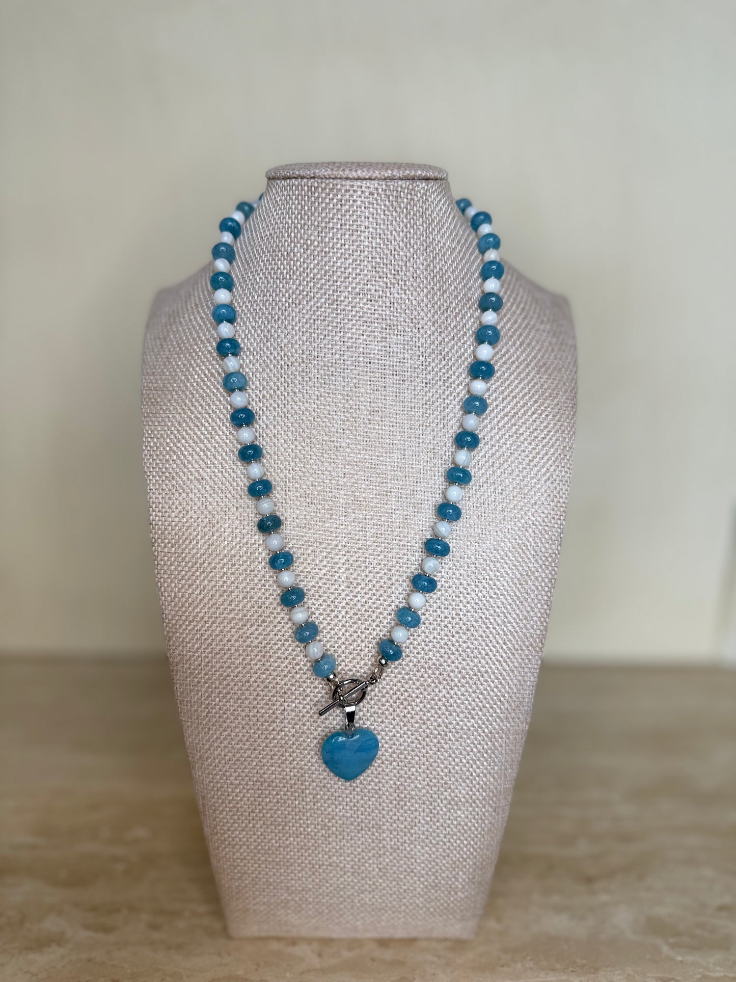 Blue Dragon Vein Agate and Banded Agate Necklace with Agate Heart Pendant - Silver Toned