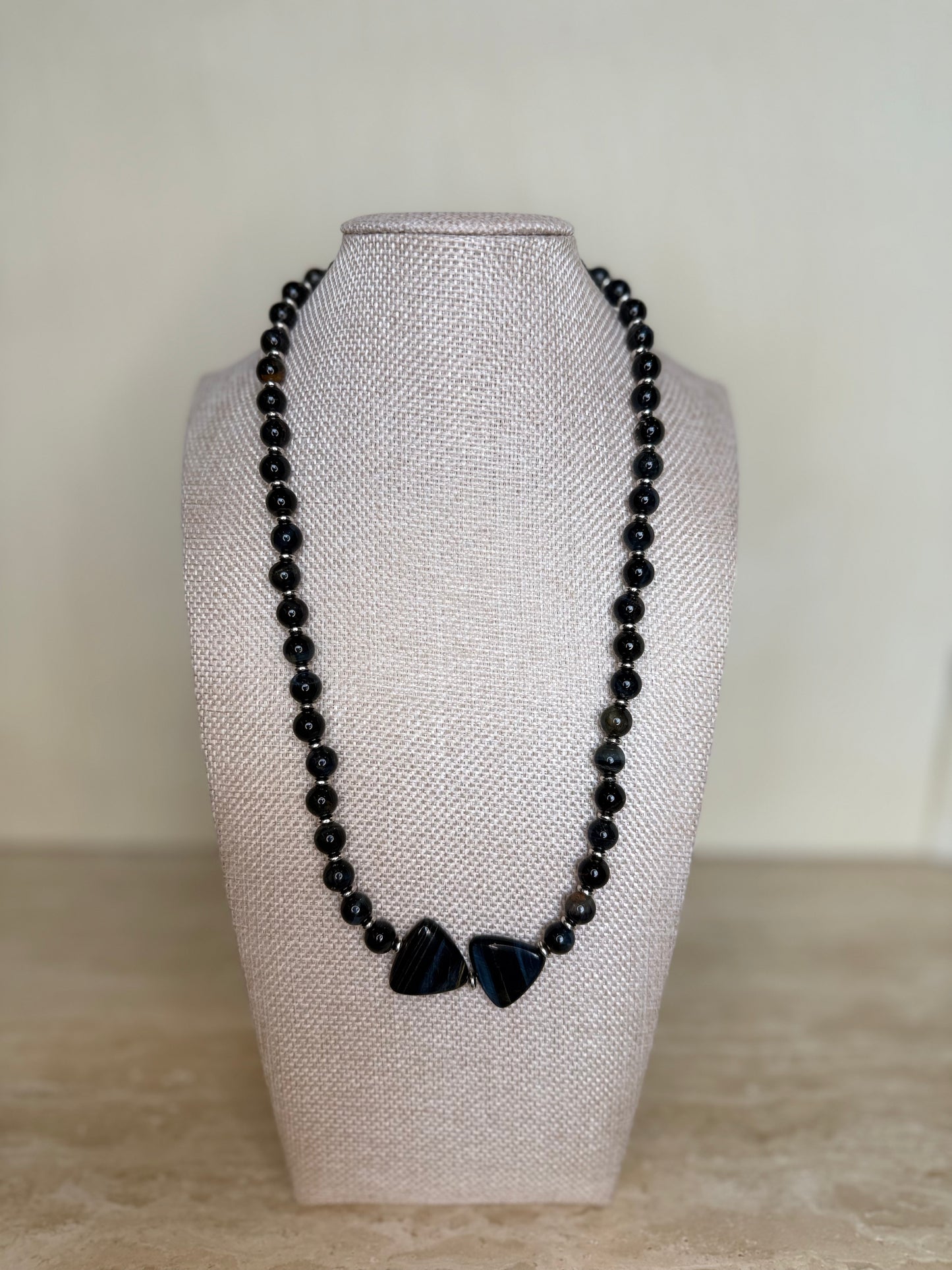 Natural Blue Tigers Eye Necklace - Silver Toned