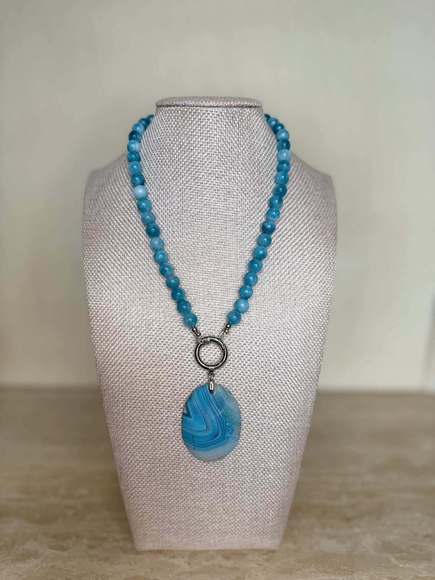 Dragon Vein Agate Necklace with Matte Banded Agate Pendant - Silver Toned