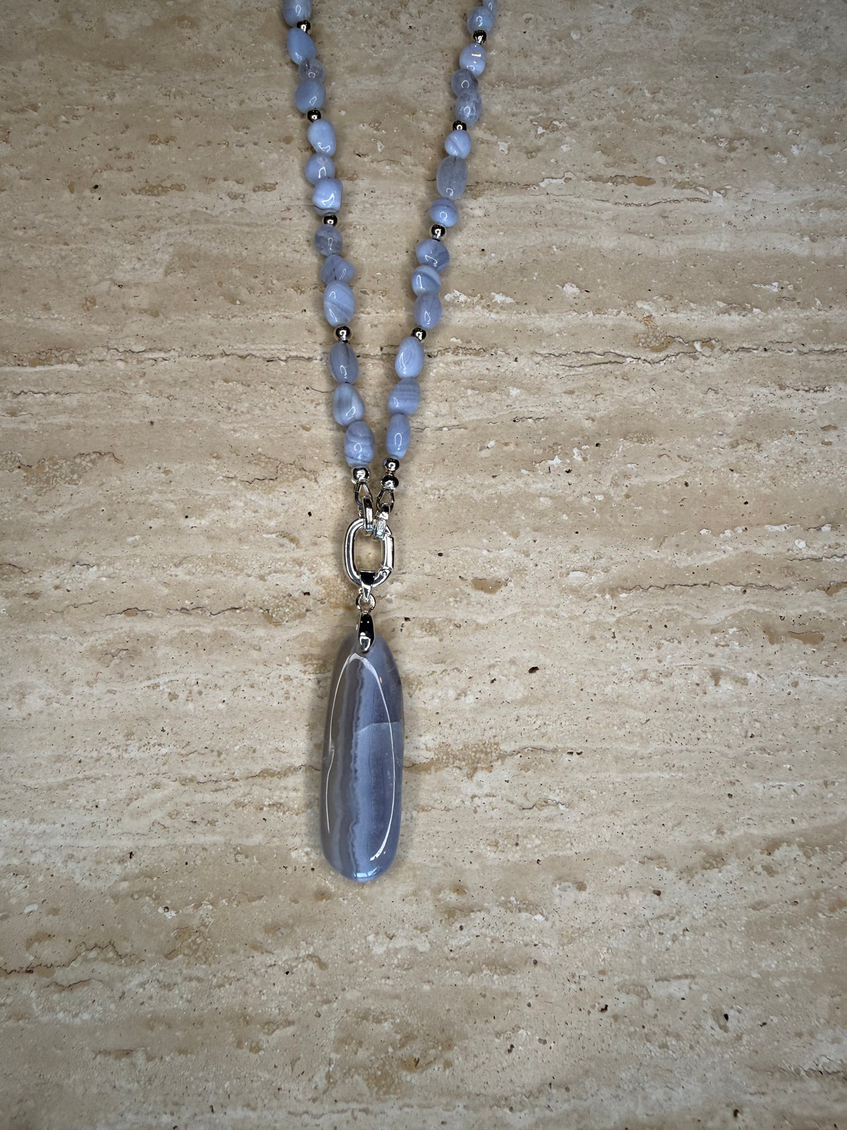Blue Lace Agate Necklace and Pendant - Silver Plated