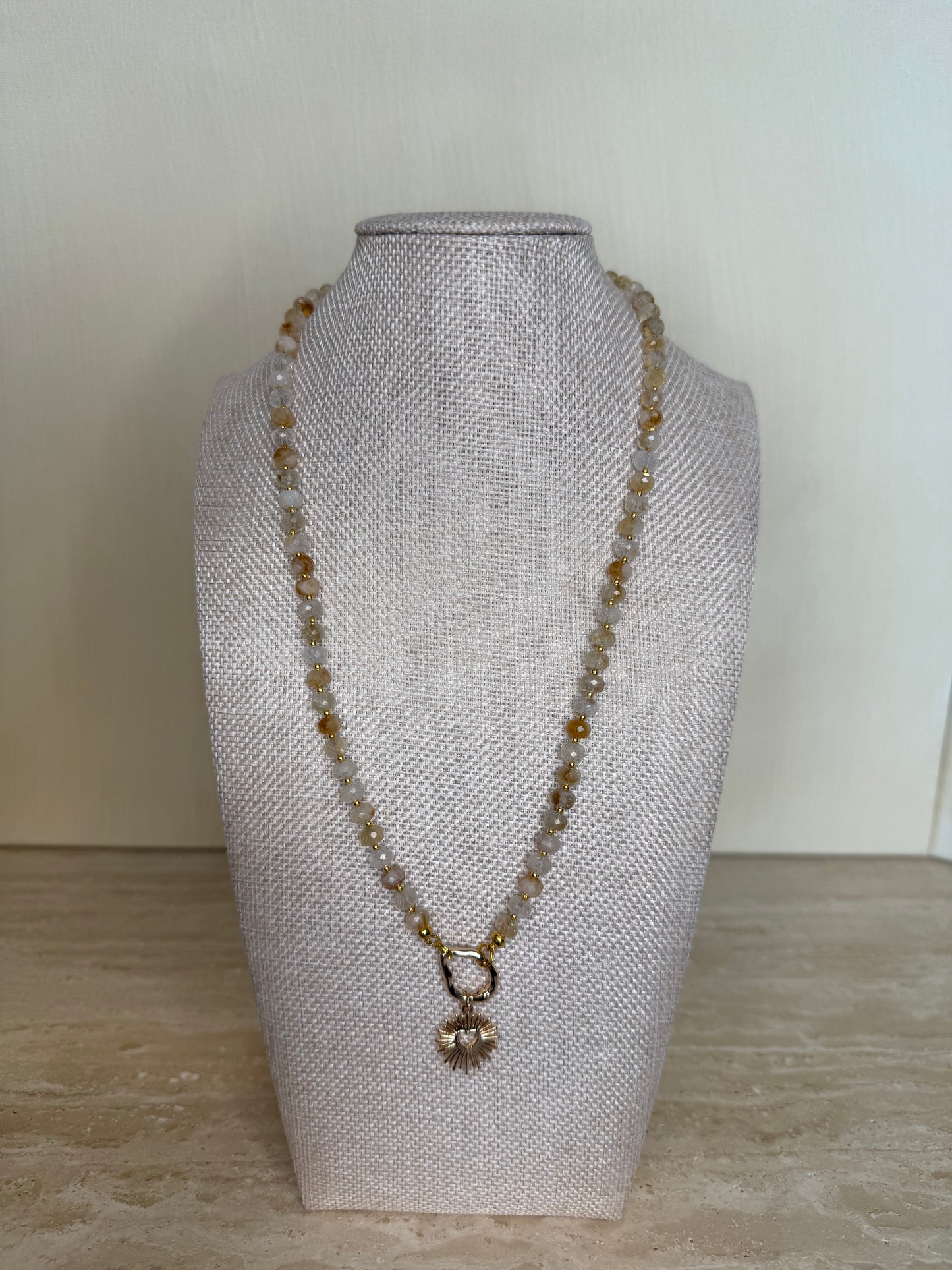 Natural Citrine Necklace with Sunburst Heart Pendant - Gold Plated