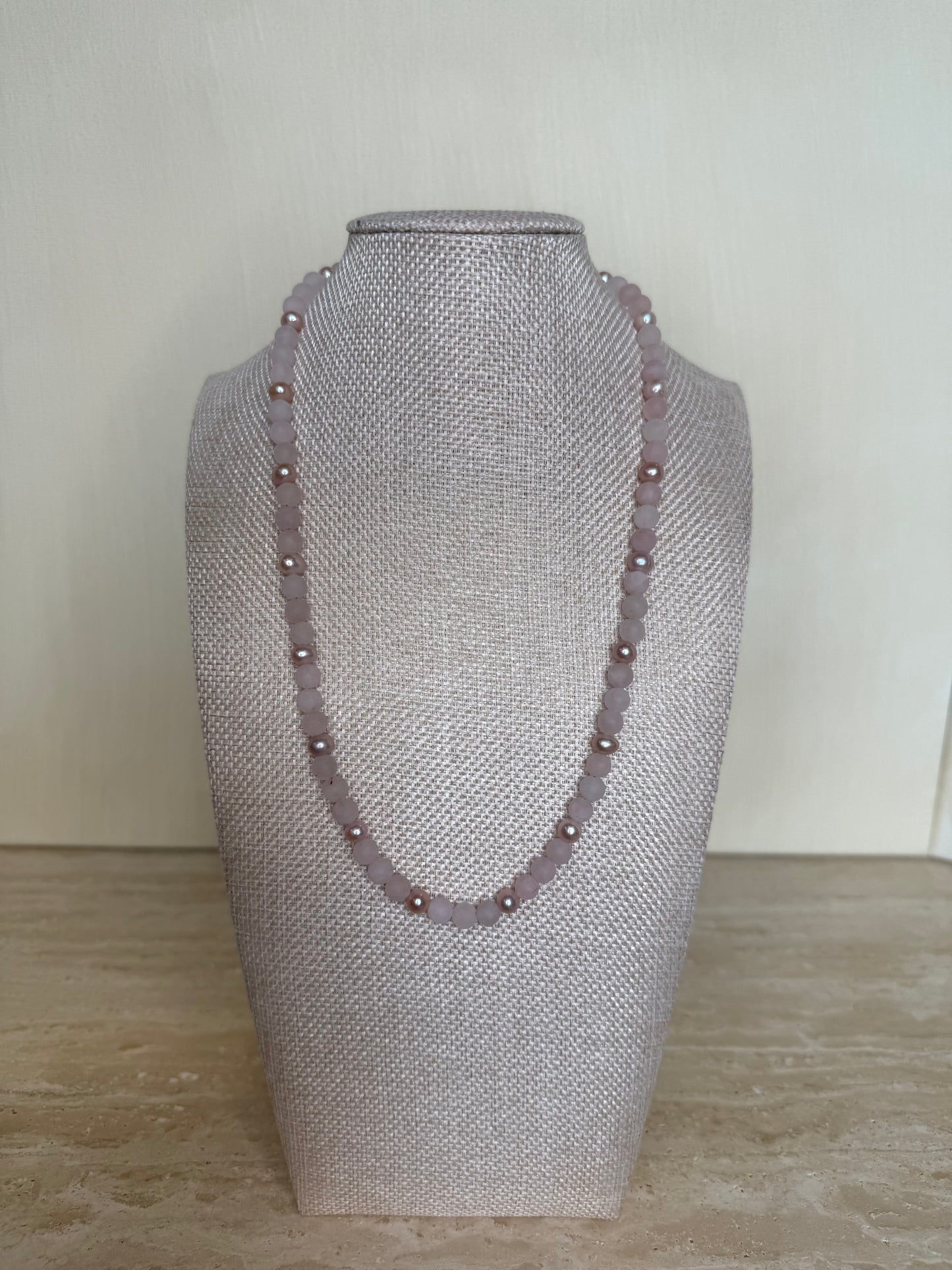Madagascar Rose Quartz Necklace with Fresh Water Pearls - Gold Plated