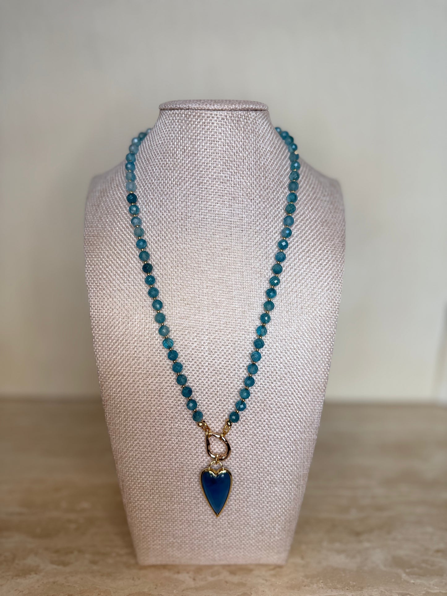 Blue Topaz Necklace and Agate Heart Pendant - Gold Plated
