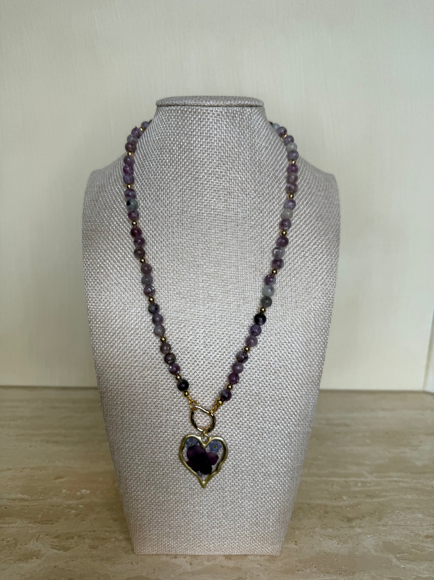 Lepidolite Necklace with Real Flower Pendant - Gold Toned