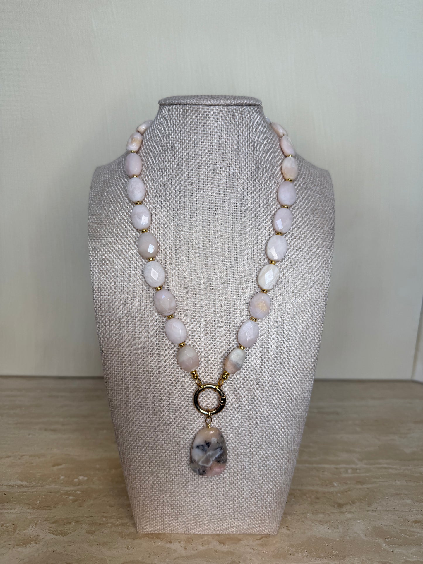 Peruvian Pink Opal Necklace and Pendant - Gold Toned