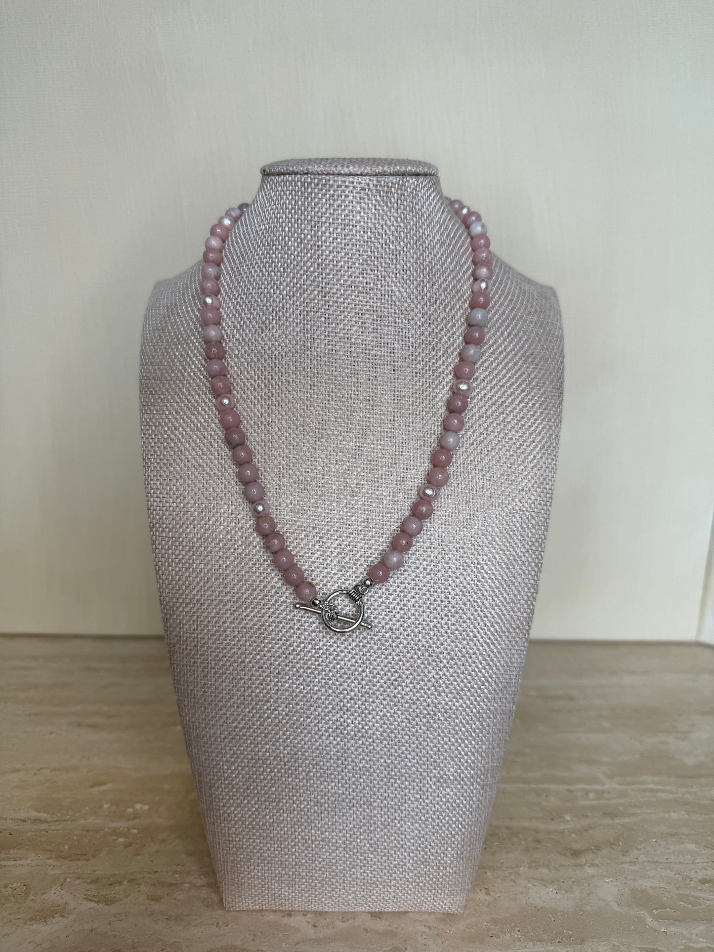 Peruvian Pink Opal Necklace with Fresh Water Pearls - Silver Toned