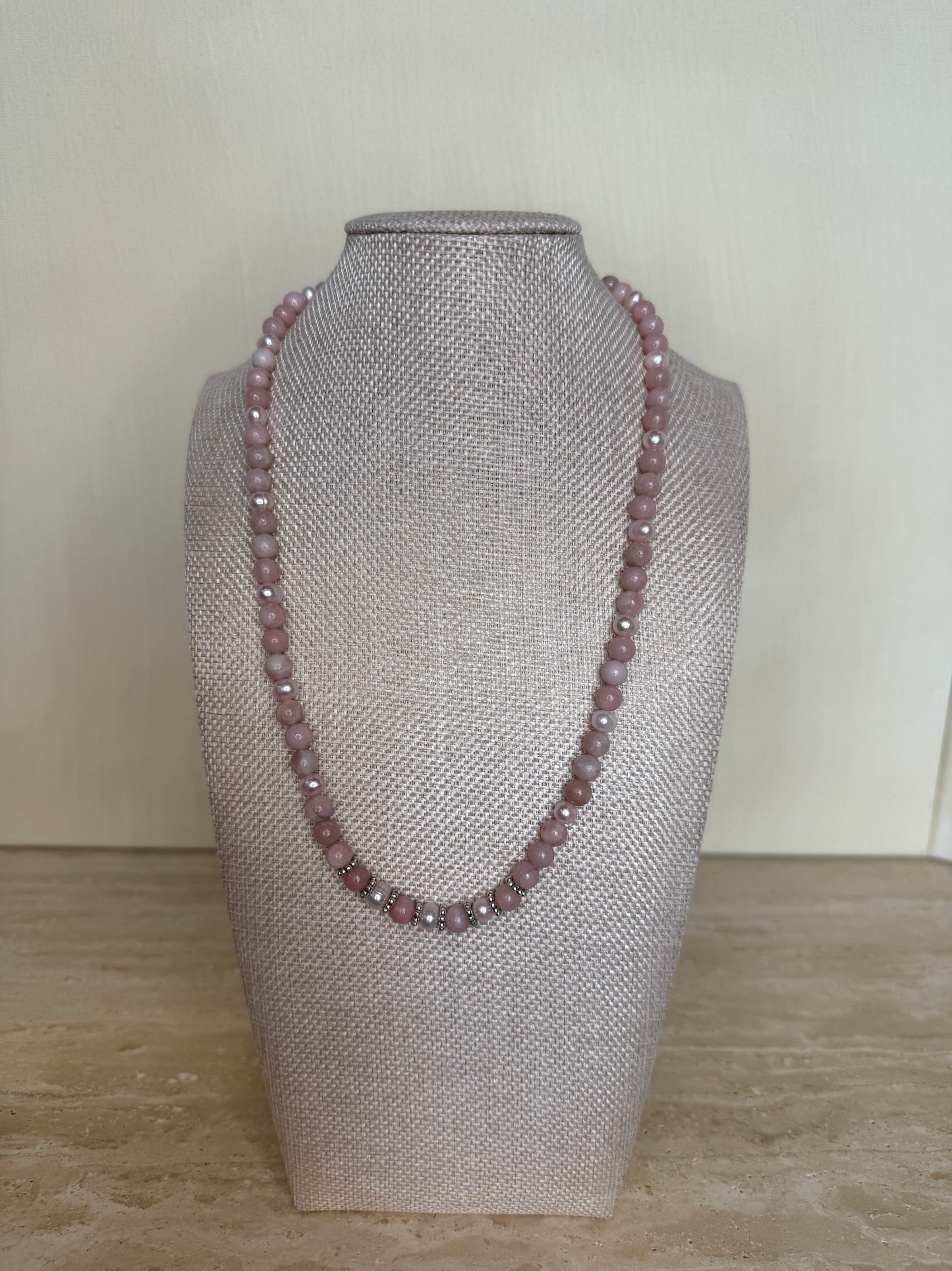 Peruvian Pink Opal Necklace with Fresh Water Pearls - Silver Plated