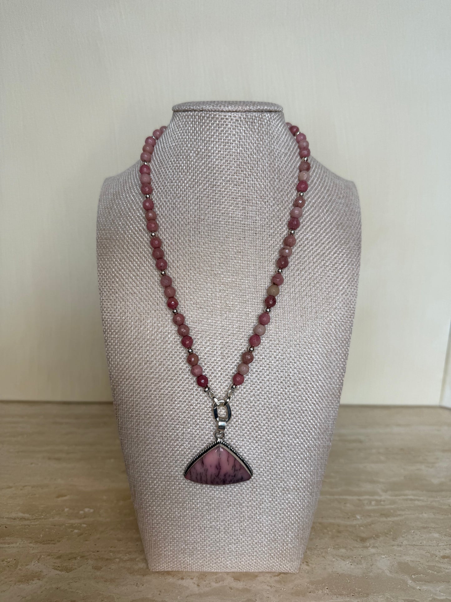 Peruvian Pink Opal Necklace and Pendant - Silver Plated