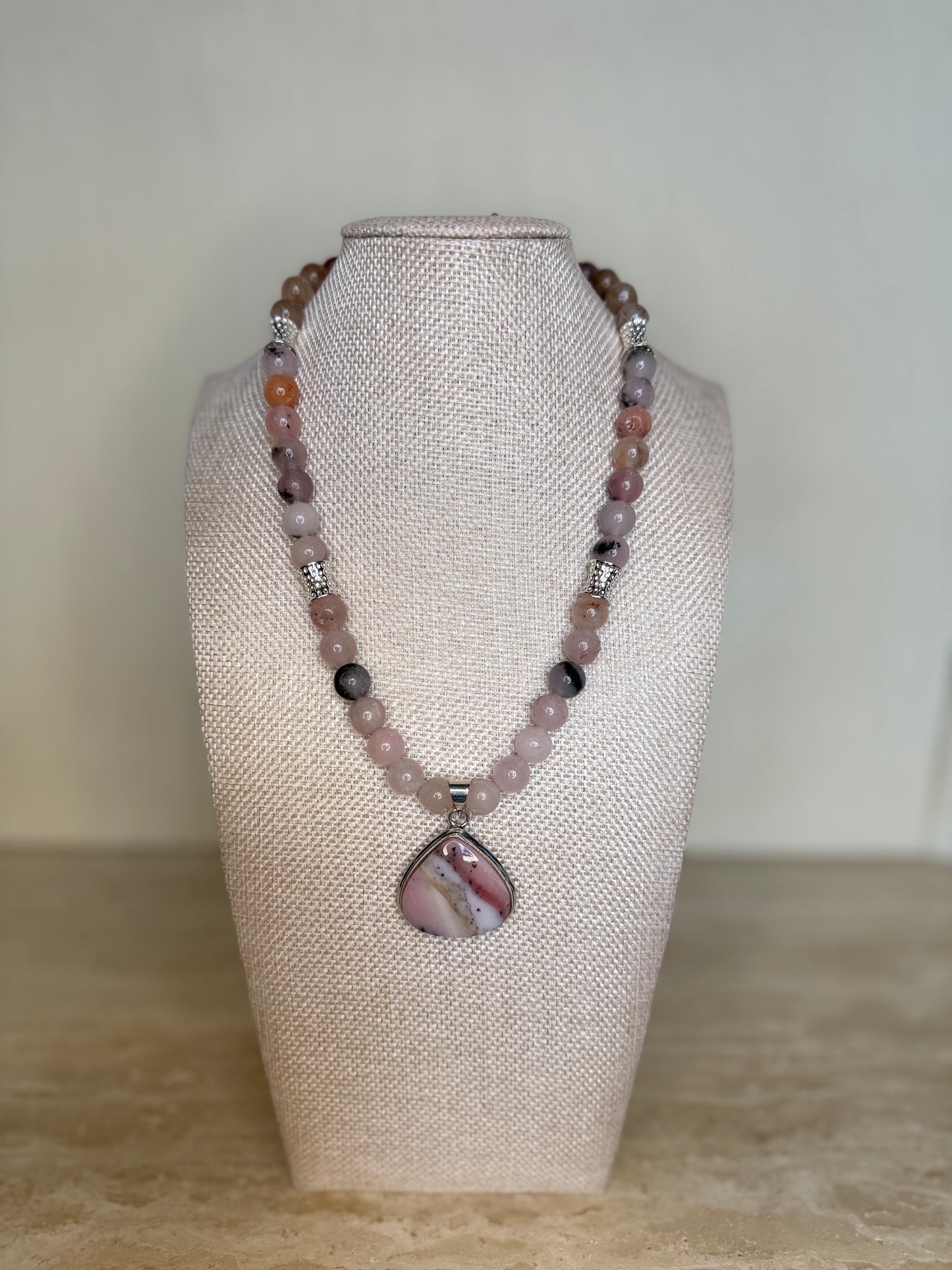 Peruvian Pink Opal Necklace and Pendant - Silver Plated