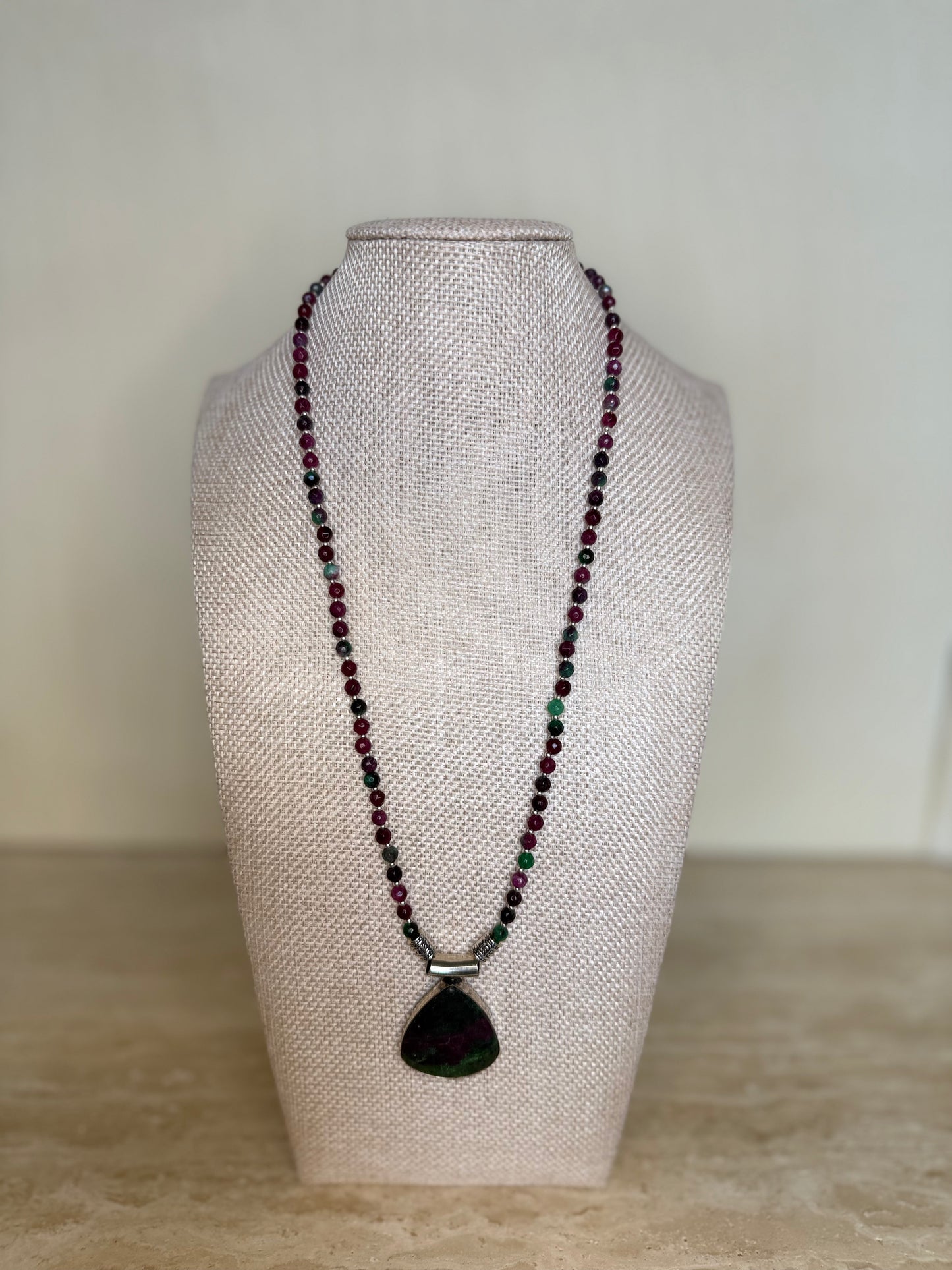 Ruby Zoisite Necklace and Pendant - Silver Plated