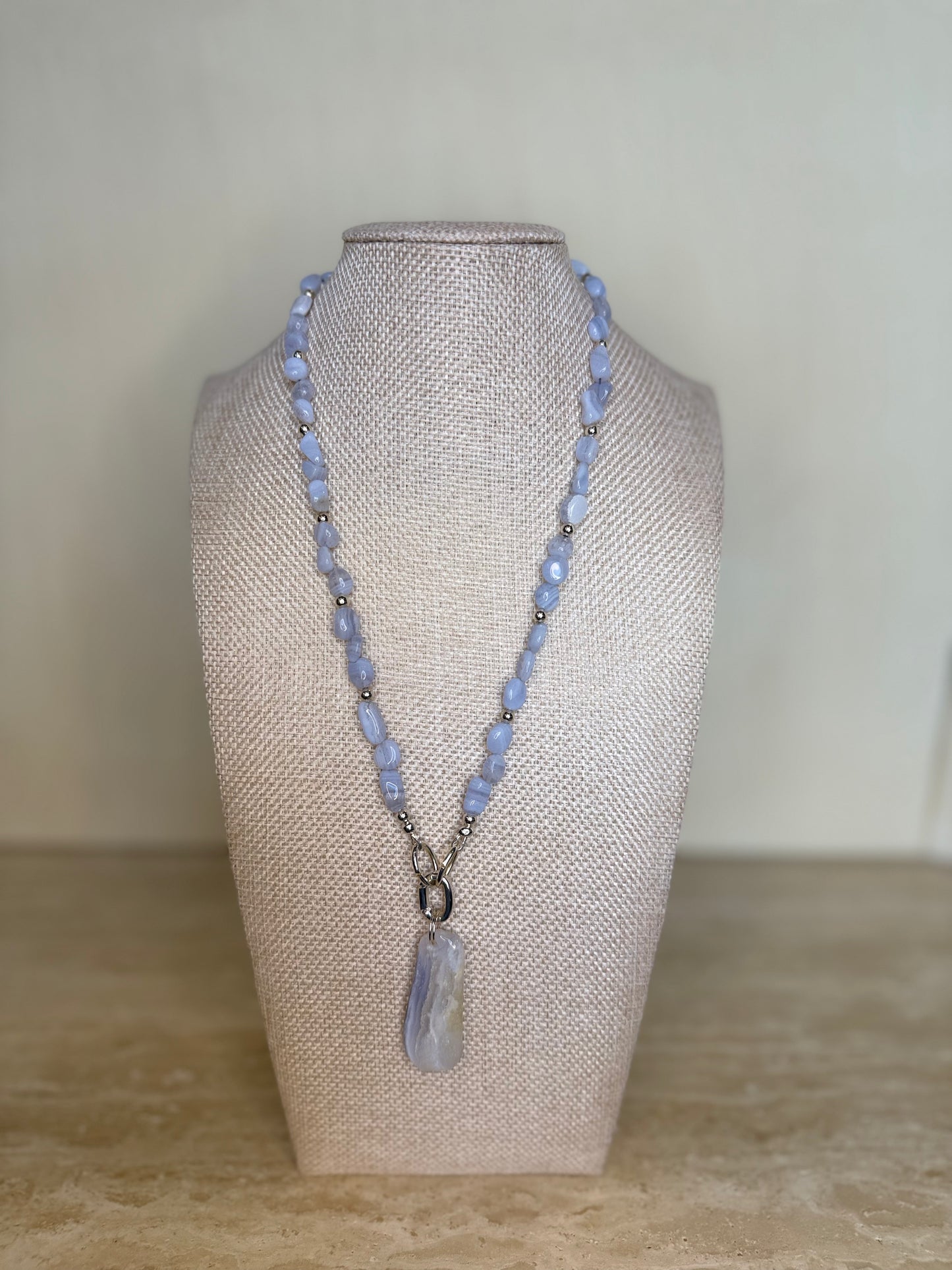 Blue Lace Agate Necklace and Pendant - Silver Plated