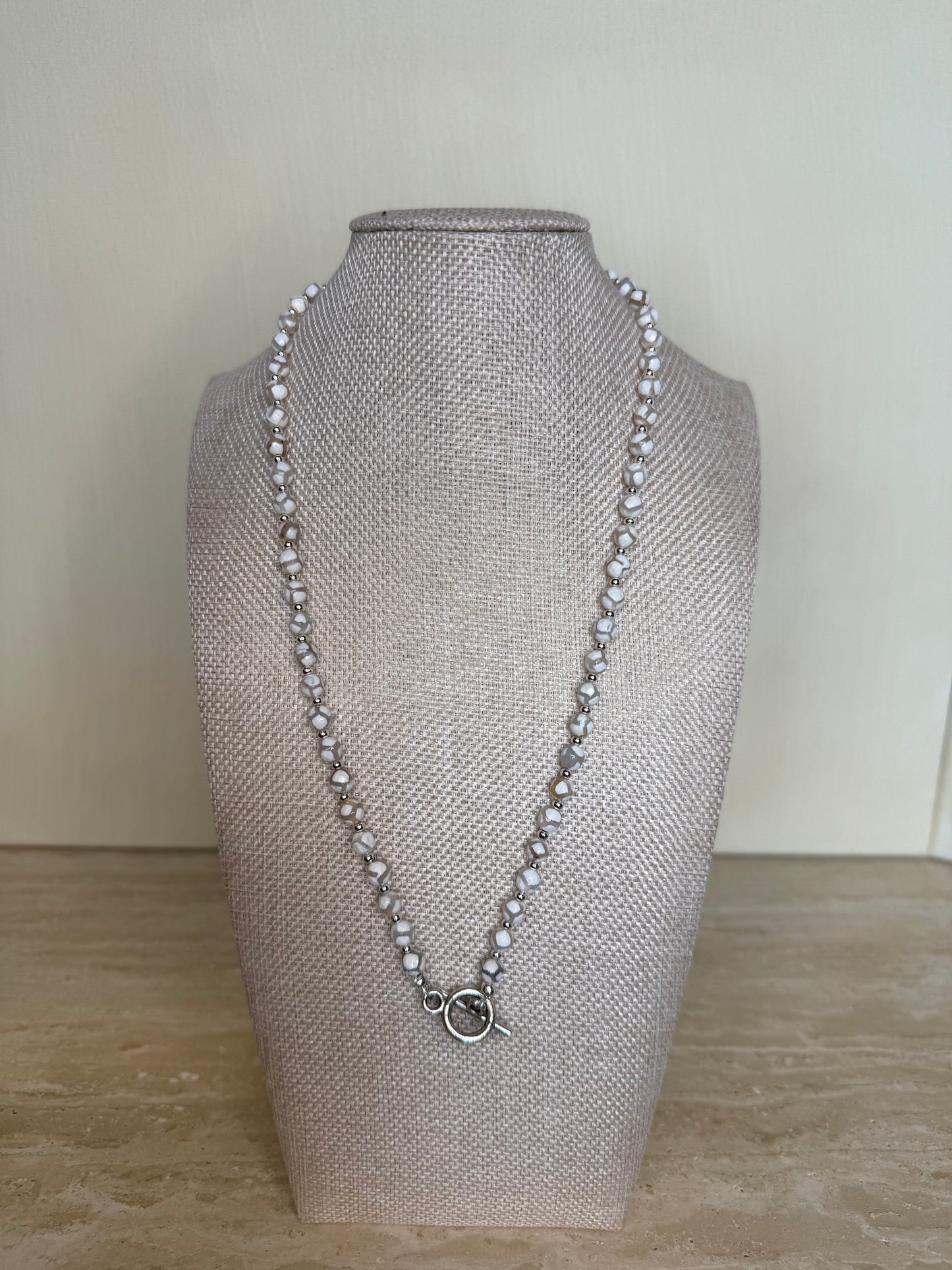 White Tibetan Agate Necklace - Silver Toned